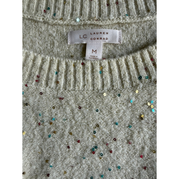 Lauren Conrad Cream Ruffle Sequin Sweater Confetti Speckle Knit Size M - Picture 7 of 8
